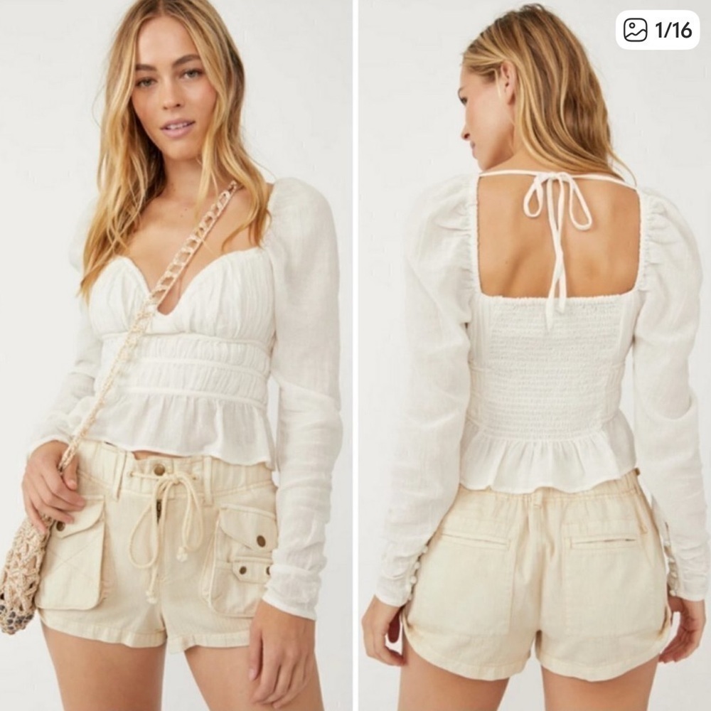 Free People Women's White Chloe Smocked Tie Neck Cotton Blouse Top Size M